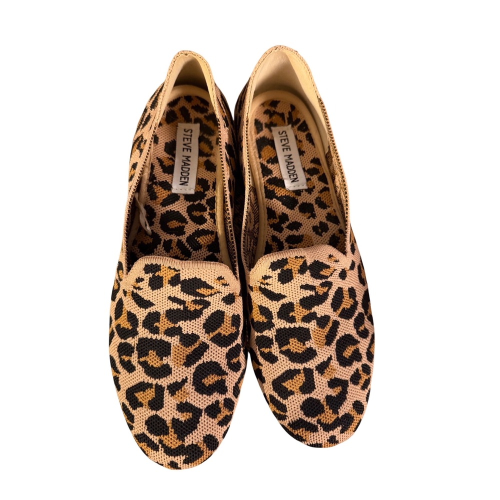 Steve Madden Leopard Print Knit Loafers Womens Cheetah Slip On Flats Brown Tan
